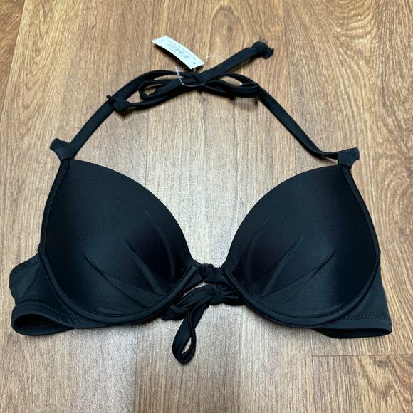 Adore Me Womens Solid Black Push Up Halter Bikini Swim Top Size 34A Bra Cup - Picture 1 of 6